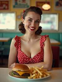 woman in retro 1950s diner photo shoot. french fries and one cheeseburger on a plate in front.  woman wearing 1950s pin up dress and 1950s hair tie