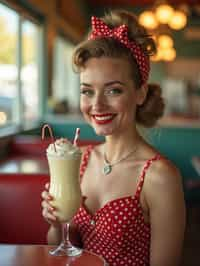 woman in retro 1950s diner photo shoot. one milkshake in front.  woman wearing 1950s pin up dress and 1950s hair tie