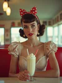 woman in retro 1950s diner photo shoot. one milkshake in front.  woman wearing 1950s pin up dress and 1950s hair tie