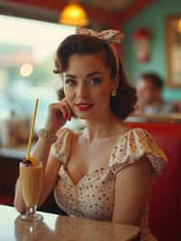 woman in retro 1950s diner photo shoot. one milkshake in front.  woman wearing 1950s pin up dress and 1950s hair tie