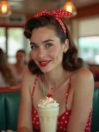 woman in retro 1950s diner photo shoot. one milkshake in front.  woman wearing 1950s pin up dress and 1950s hair tie