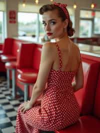 woman in retro 1950s diner photo shoot. posing in front of red 1950s barstools.  woman wearing 1950s pin up dress and 1950s red hair tie. white interior with red seats and black and white flooring.