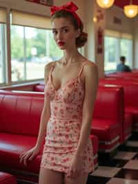 woman in retro 1950s diner photo shoot. posing in front of red 1950s barstools.  woman wearing 1950s pin up dress and 1950s red hair tie. white interior with red seats and black and white flooring.