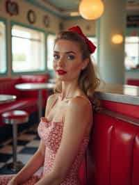 woman in retro 1950s diner photo shoot. posing in front of red 1950s barstools.  woman wearing 1950s pin up dress and 1950s red hair tie. white interior with red seats and black and white flooring.