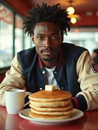 man in retro 1950s diner photo shoot. stack of pancakes and one coffee mug in front. man wearing varsity bomber