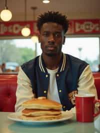 man in retro 1950s diner photo shoot. stack of pancakes and one coffee mug in front. man wearing varsity bomber