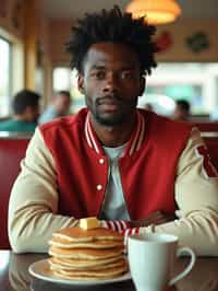 man in retro 1950s diner photo shoot. stack of pancakes and one coffee mug in front. man wearing varsity bomber