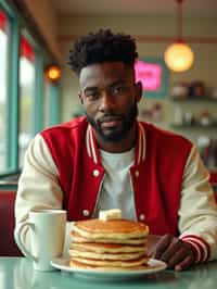 man in retro 1950s diner photo shoot. stack of pancakes and one coffee mug in front. man wearing varsity bomber