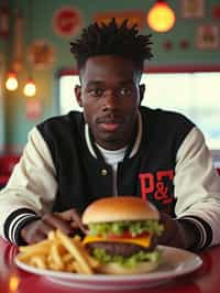 man in retro 1950s diner photo shoot. french fries and one cheeseburger on a plate in front. man wearing varsity bomber