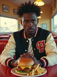 man in retro 1950s diner photo shoot. french fries and one cheeseburger on a plate in front. man wearing varsity bomber