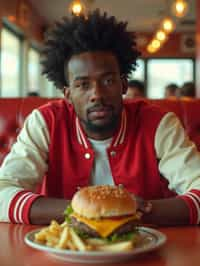 man in retro 1950s diner photo shoot. french fries and one cheeseburger on a plate in front. man wearing varsity bomber