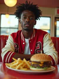 man in retro 1950s diner photo shoot. french fries and one cheeseburger on a plate in front. man wearing varsity bomber