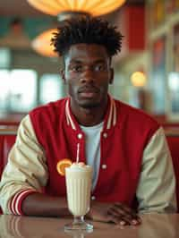 man in retro 1950s diner photo shoot. one milkshake in front. man wearing varsity bomber