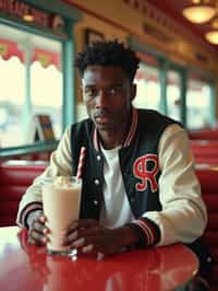 man in retro 1950s diner photo shoot. one milkshake in front. man wearing varsity bomber