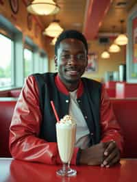 man in retro 1950s diner photo shoot. one milkshake in front. man wearing varsity bomber