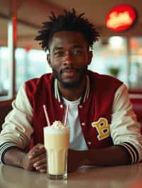 man in retro 1950s diner photo shoot. one milkshake in front. man wearing varsity bomber