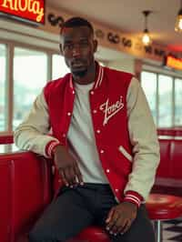 man in retro 1950s diner photo shoot. posing in front of red 1950s barstools. man wearing varsity bomber . white interior with red seats and black and white flooring.