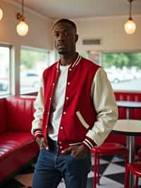 man in retro 1950s diner photo shoot. posing in front of red 1950s barstools. man wearing varsity bomber . white interior with red seats and black and white flooring.