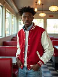 man in retro 1950s diner photo shoot. posing in front of red 1950s barstools. man wearing varsity bomber . white interior with red seats and black and white flooring.