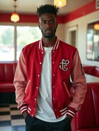 man in retro 1950s diner photo shoot. posing in front of red 1950s barstools. man wearing varsity bomber . white interior with red seats and black and white flooring.