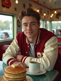 man in retro 1950s diner photo shoot. stack of pancakes and one coffee mug in front. man wearing varsity bomber