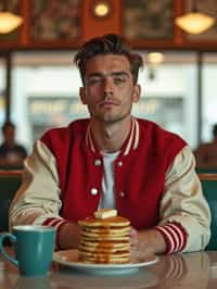 man in retro 1950s diner photo shoot. stack of pancakes and one coffee mug in front. man wearing varsity bomber