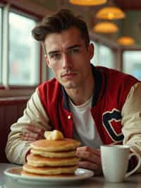 man in retro 1950s diner photo shoot. stack of pancakes and one coffee mug in front. man wearing varsity bomber