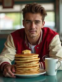 man in retro 1950s diner photo shoot. stack of pancakes and one coffee mug in front. man wearing varsity bomber