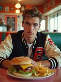 man in retro 1950s diner photo shoot. french fries and one cheeseburger on a plate in front. man wearing varsity bomber