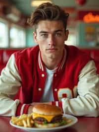 man in retro 1950s diner photo shoot. french fries and one cheeseburger on a plate in front. man wearing varsity bomber