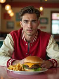 man in retro 1950s diner photo shoot. french fries and one cheeseburger on a plate in front. man wearing varsity bomber