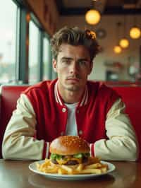 man in retro 1950s diner photo shoot. french fries and one cheeseburger on a plate in front. man wearing varsity bomber