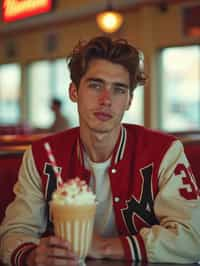 man in retro 1950s diner photo shoot. one milkshake in front. man wearing varsity bomber