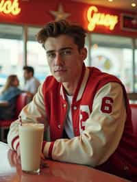 man in retro 1950s diner photo shoot. one milkshake in front. man wearing varsity bomber