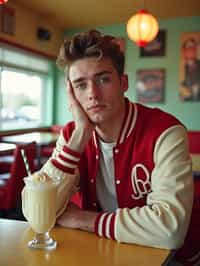 man in retro 1950s diner photo shoot. one milkshake in front. man wearing varsity bomber