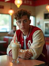 man in retro 1950s diner photo shoot. one milkshake in front. man wearing varsity bomber