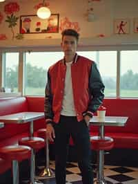 man in retro 1950s diner photo shoot. posing in front of red 1950s barstools. man wearing varsity bomber . white interior with red seats and black and white flooring.