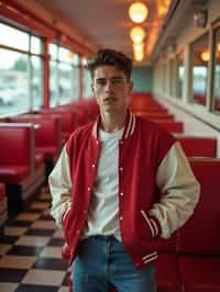 man in retro 1950s diner photo shoot. posing in front of red 1950s barstools. man wearing varsity bomber . white interior with red seats and black and white flooring.