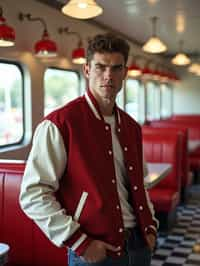 man in retro 1950s diner photo shoot. posing in front of red 1950s barstools. man wearing varsity bomber . white interior with red seats and black and white flooring.