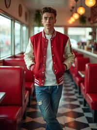 man in retro 1950s diner photo shoot. posing in front of red 1950s barstools. man wearing varsity bomber . white interior with red seats and black and white flooring.