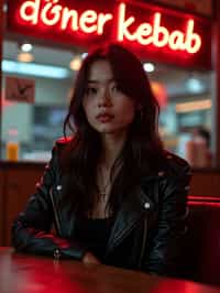 woman sitting at an indoor Doner Kebab Takeaway Restaurant at night. the woman wears black leather jacket. neon light say "döner kebab" in caps.