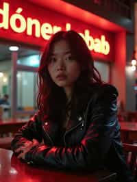 woman sitting at an indoor Doner Kebab Takeaway Restaurant at night. the woman wears black leather jacket. neon light say "döner kebab" in caps.