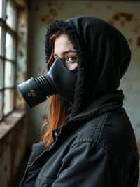 woman wearing black gas mask in abandoned rusty Chernobyl.