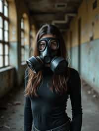 woman wearing black gas mask in abandoned rusty Chernobyl.
