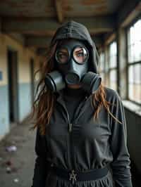 woman wearing black gas mask in abandoned rusty Chernobyl.