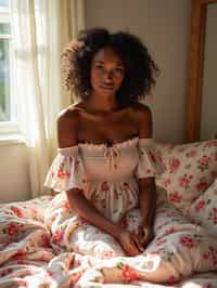 woman in a sunlit bedroom, making the bed with floral bedding, wearing a foral off-the-shoulder smocked strawberry dress, hair in soft waves, sun shining through the window