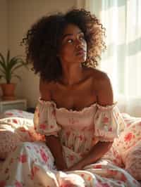 woman in a sunlit bedroom, making the bed with floral bedding, wearing a foral off-the-shoulder smocked strawberry dress, hair in soft waves, sun shining through the window