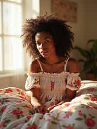 woman in a sunlit bedroom, making the bed with floral bedding, wearing a foral off-the-shoulder smocked strawberry dress, hair in soft waves, sun shining through the window