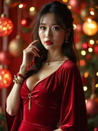 woman wearing (naughty Christmas) (sexy Christmas costume) (velvet dress) (Christmas outfit), festive outfit posing for photo, background is Christmas decorations and lights