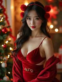 woman wearing (naughty Christmas) (sexy Christmas costume) (velvet dress) (Christmas outfit), festive outfit posing for photo, background is Christmas decorations and lights